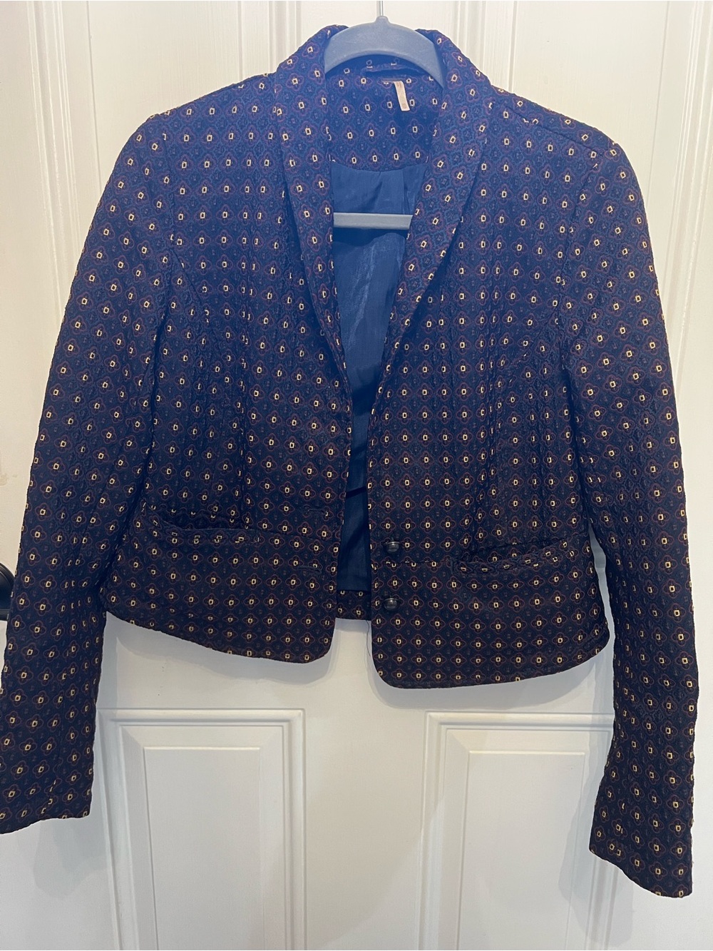 Free People Navy Patterned Open-Front Blazer